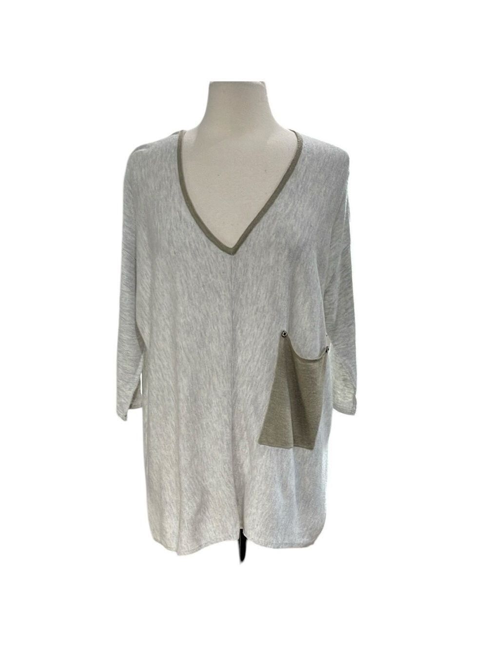 Krisma Vee Neck Oversized Raven Pocket Sweater Grey Tan SZ S/M